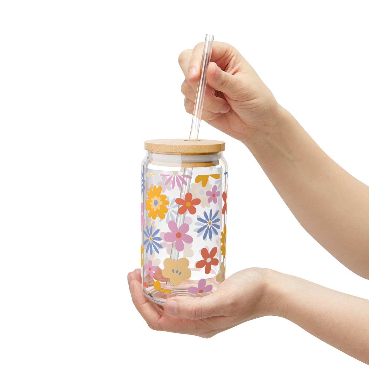 Glass Tumbler, 16oz with Bamboo Lid and Straw - Colorful Flower Design