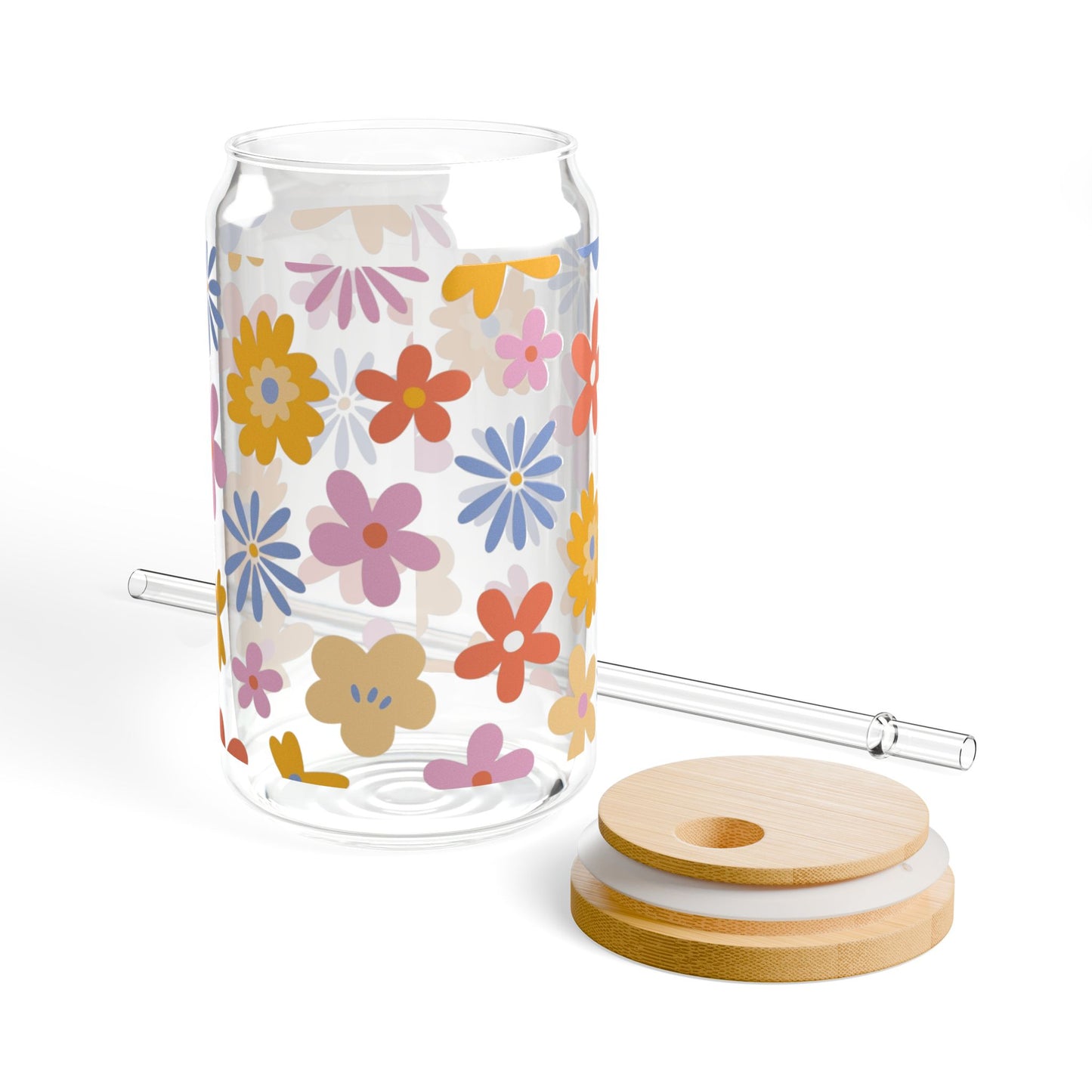 Glass Tumbler, 16oz with Bamboo Lid and Straw - Colorful Flower Design