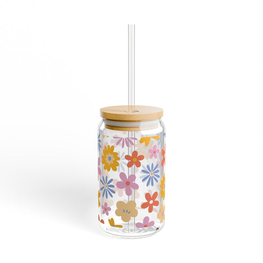 Glass Tumbler, 16oz with Bamboo Lid and Straw - Colorful Flower Design